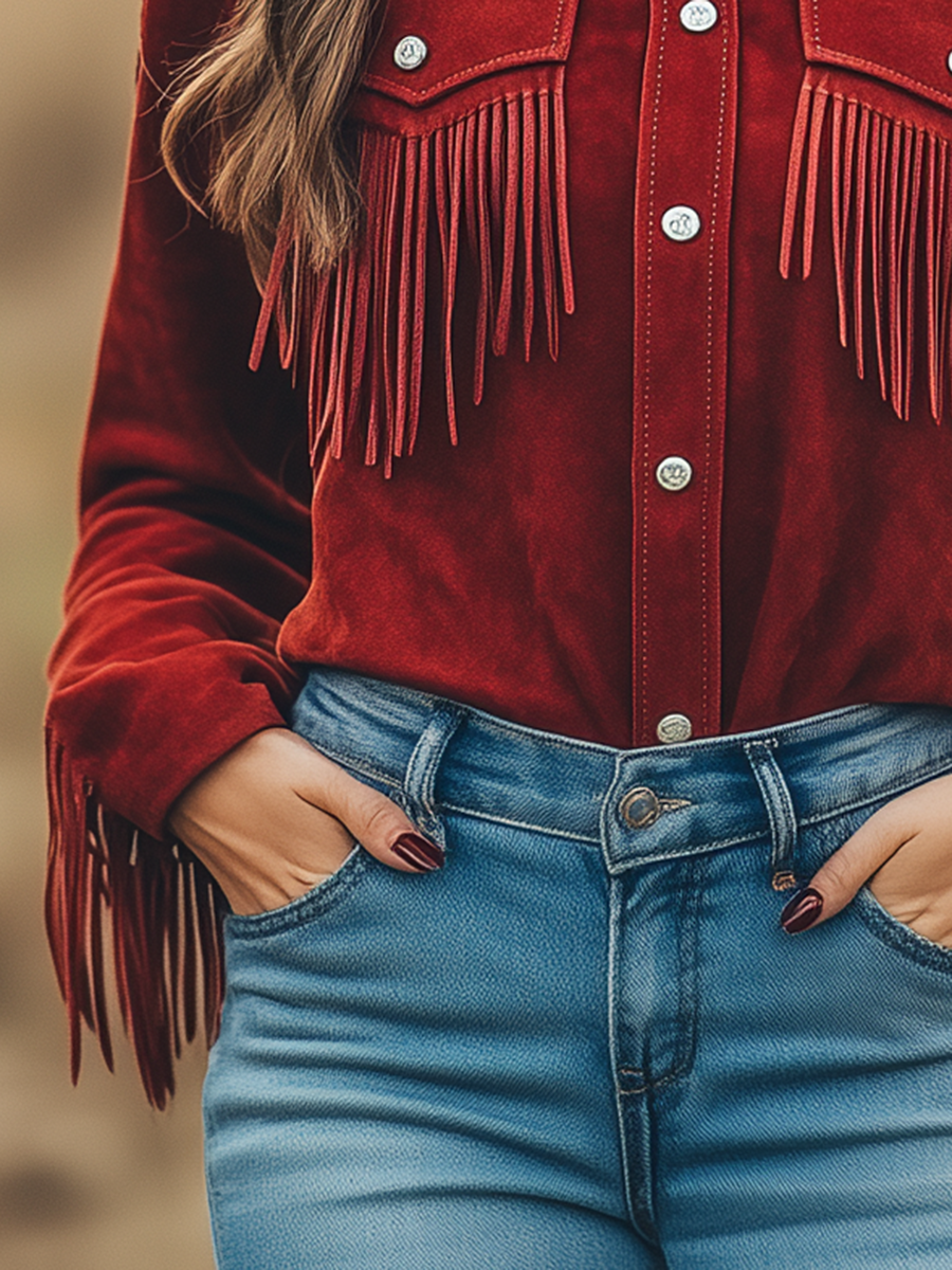 Outdoor Western Cowboy Red Suede Lapel Tassel Long Sleeve Shirt